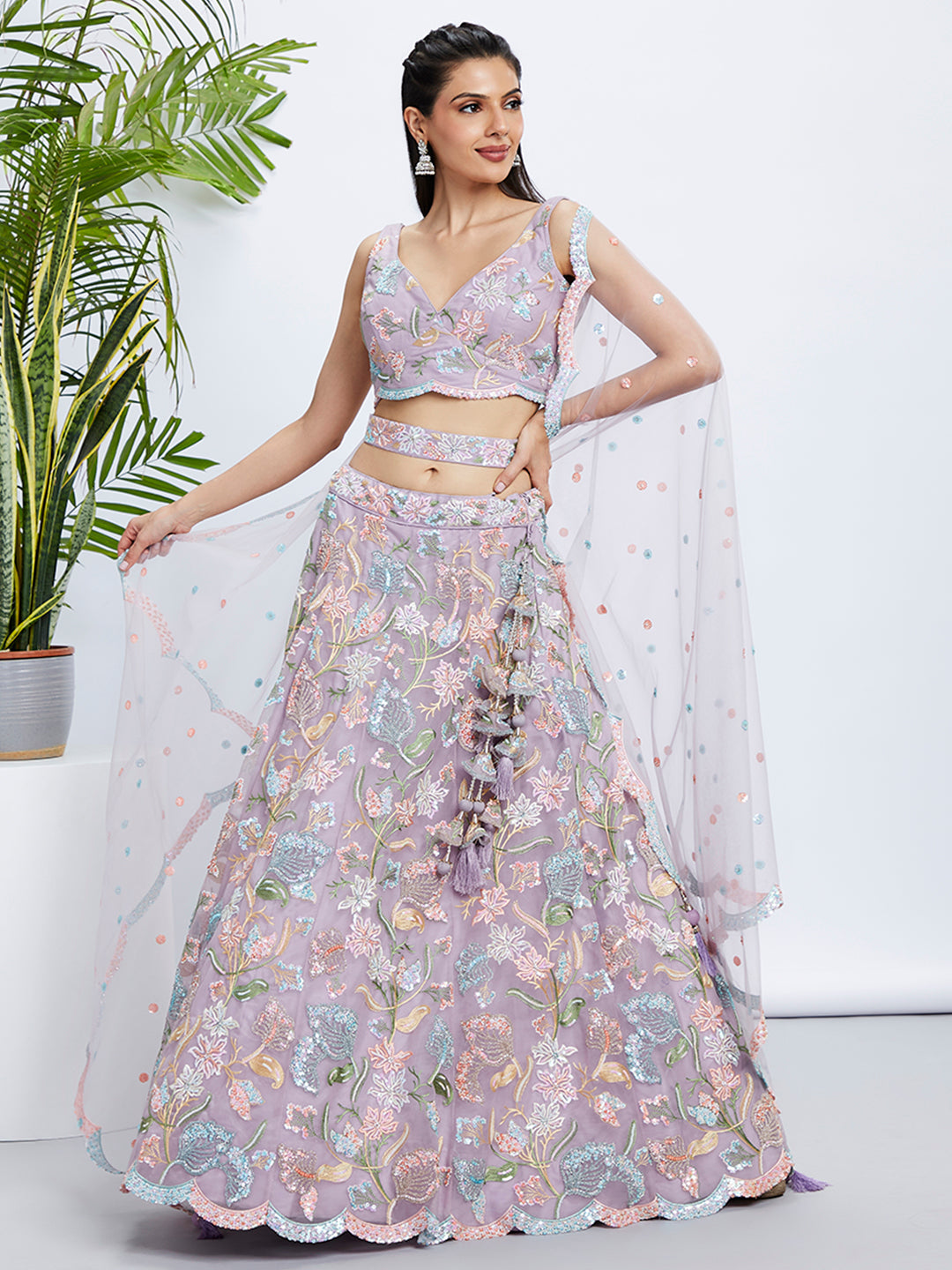 House of Panchhi Pink Chiffon Sequins And Thread Embroidery Lehenga Choli & Printed Dupatta - Distacart