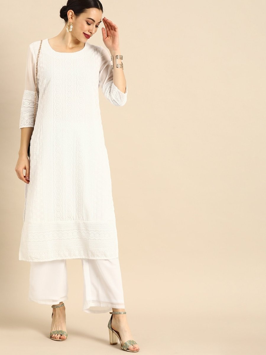 Anouk Women White Chikankari Embroidered Kurta with Palazzos - Distacart