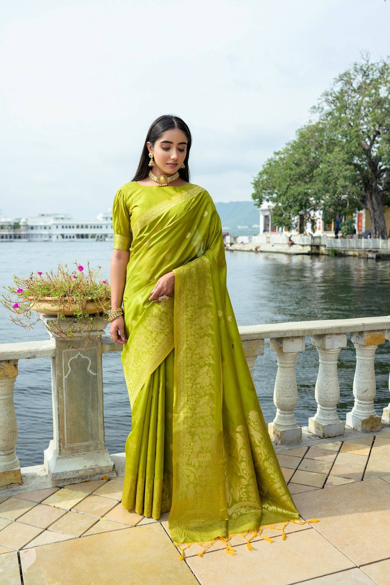 Aastha Fashion Mehendi Woven Soft Silk Saree with Blouse - Distacart