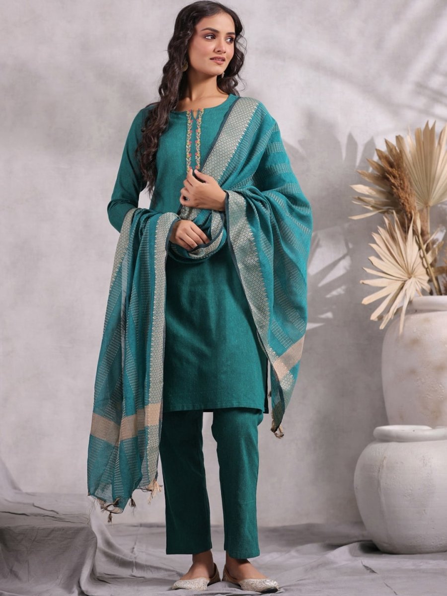 Anubhutee Ethnic Motifs Yoke Design Thread Work Pure Cotton Kurta with Trousers & Dupatta - Distacart