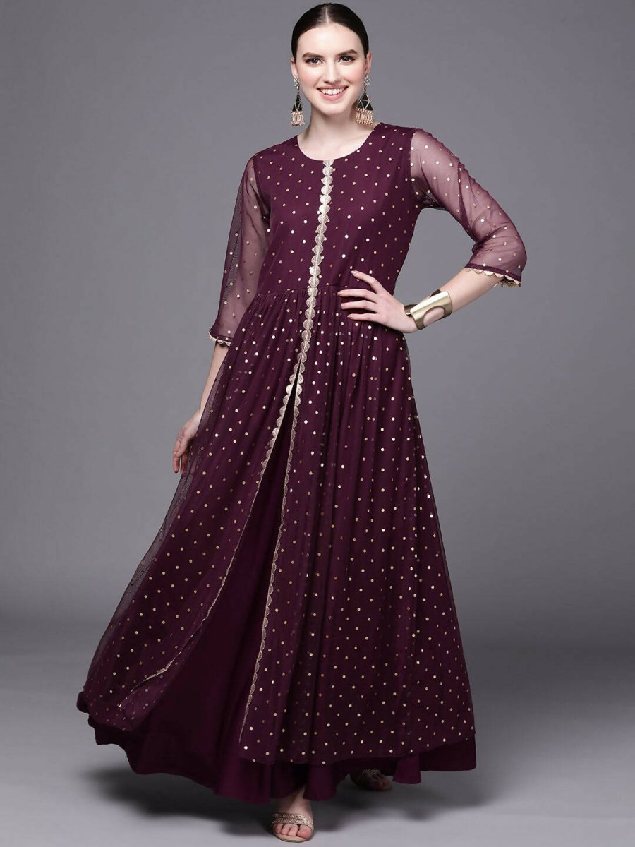 Ahalyaa Women Burgundy Polka Dots Fit & Flare Maxi Ethnic Dress - Distacart