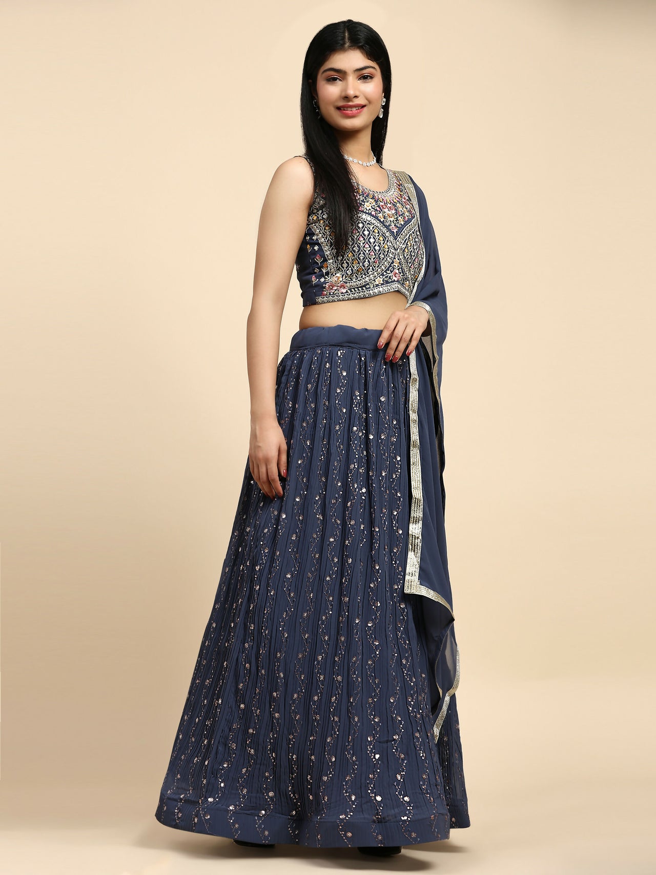 Dark Grey Georgette Embroidered Lehenga choli with Dupatta - Dhara - Distacart