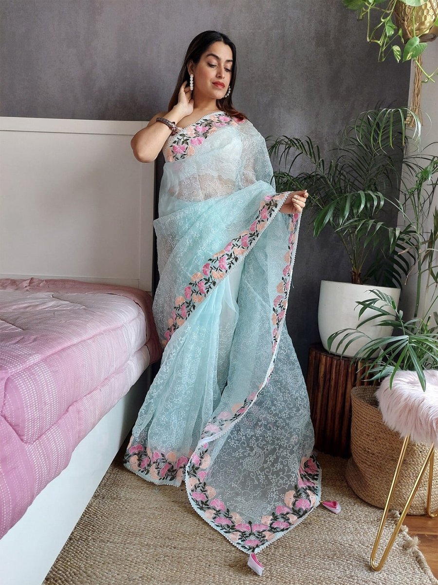 Anouk Floral Embroidered Organza Saree - Distacart