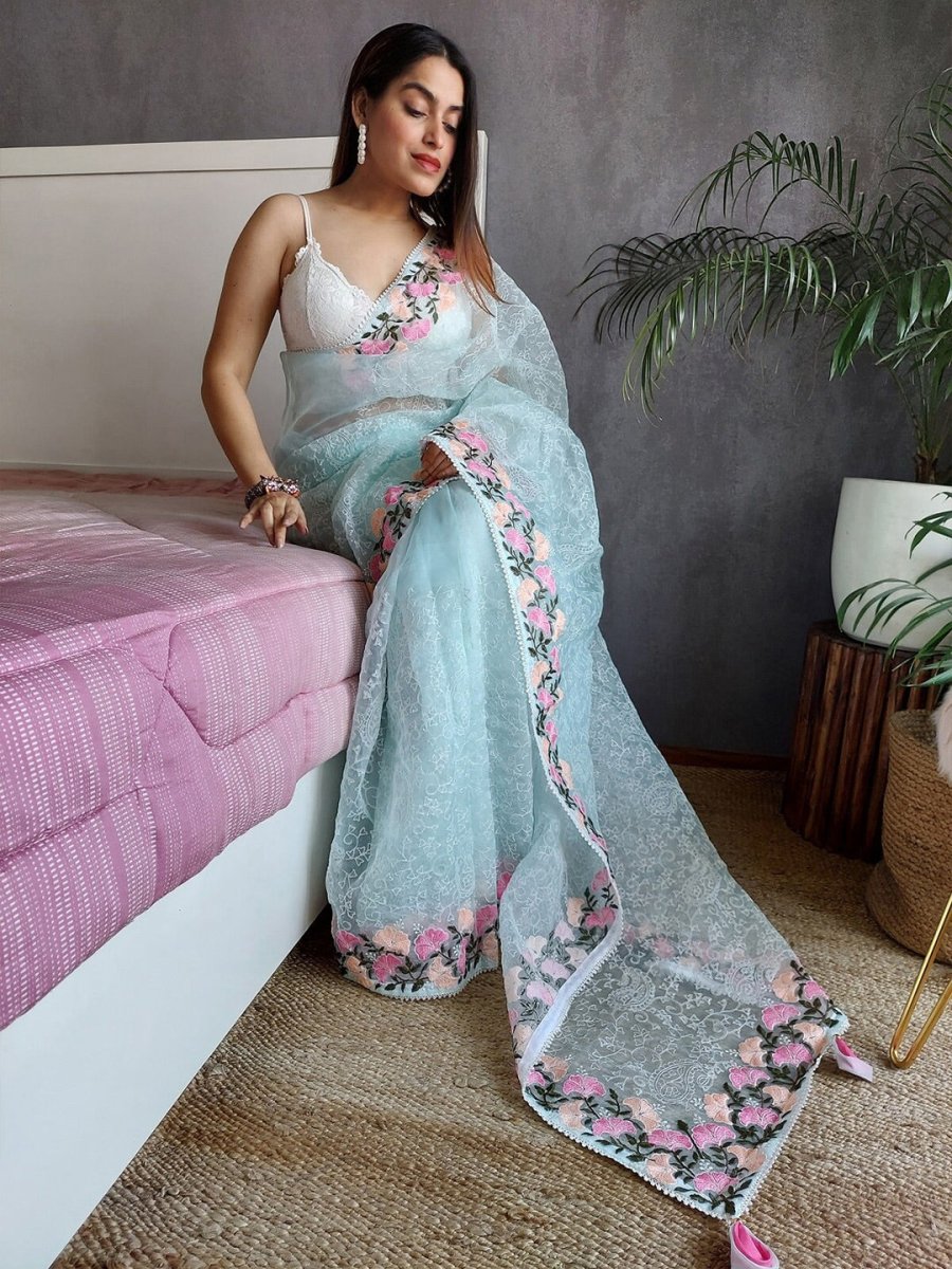 Anouk Floral Embroidered Organza Saree - Distacart