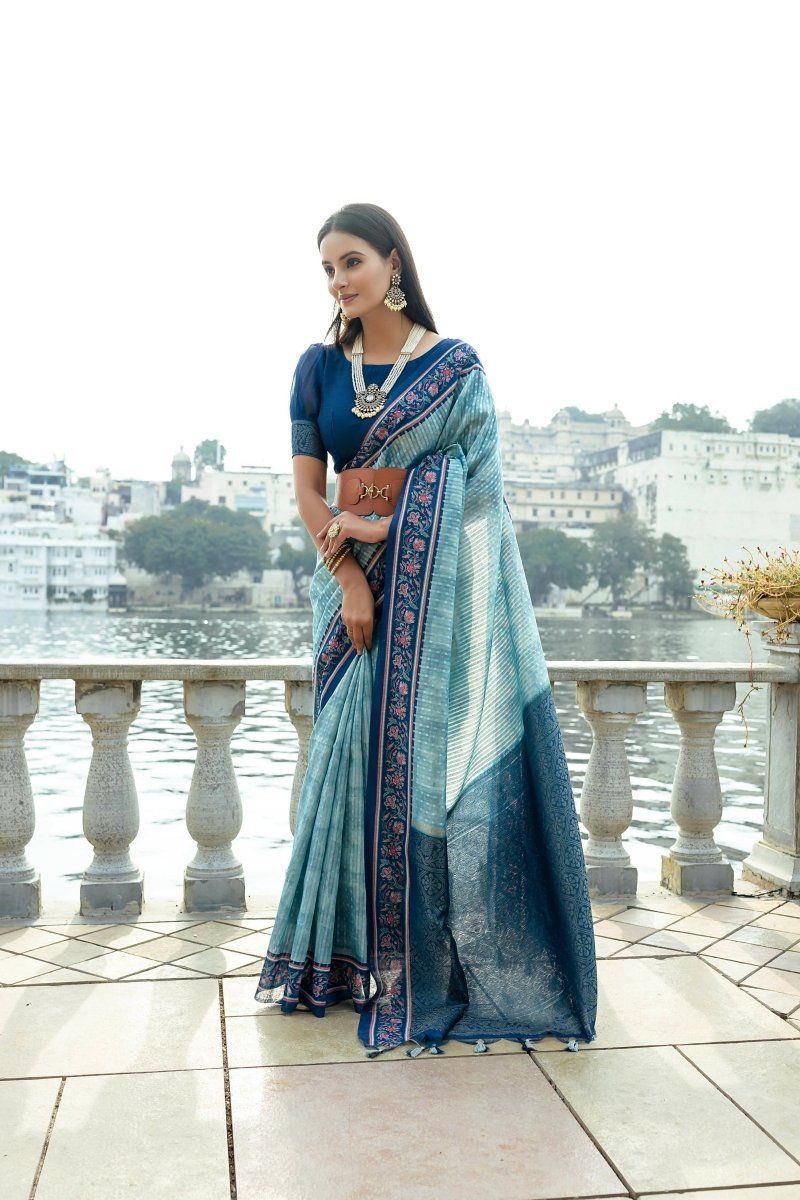 Aastha Fashion Blue Floral Printed Cotton Silk Saree with Blouse - Distacart