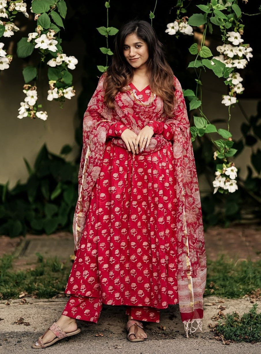 Indian Fashion Women Viscose Printed Red Kurta And Pant Set With Dupatta