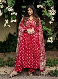 Thumbnail for Indian Fashion Women Viscose Printed Red Kurta And Pant Set With Dupatta