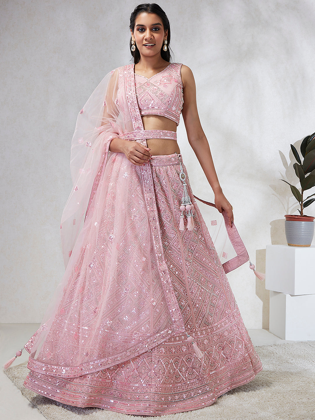 House of Panchhi Pink Net Cutdana, Sequins And Zarkan Embroidery Lehenga Choli & Dupatta - Distacart