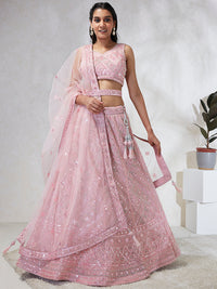 Thumbnail for House of Panchhi Pink Net Cutdana, Sequins And Zarkan Embroidery Lehenga Choli & Dupatta - Distacart