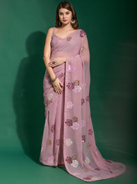 Thumbnail for Anouk Mauve & Gold-Toned Embellished Sequinned Pure Georgette Saree - Distacart