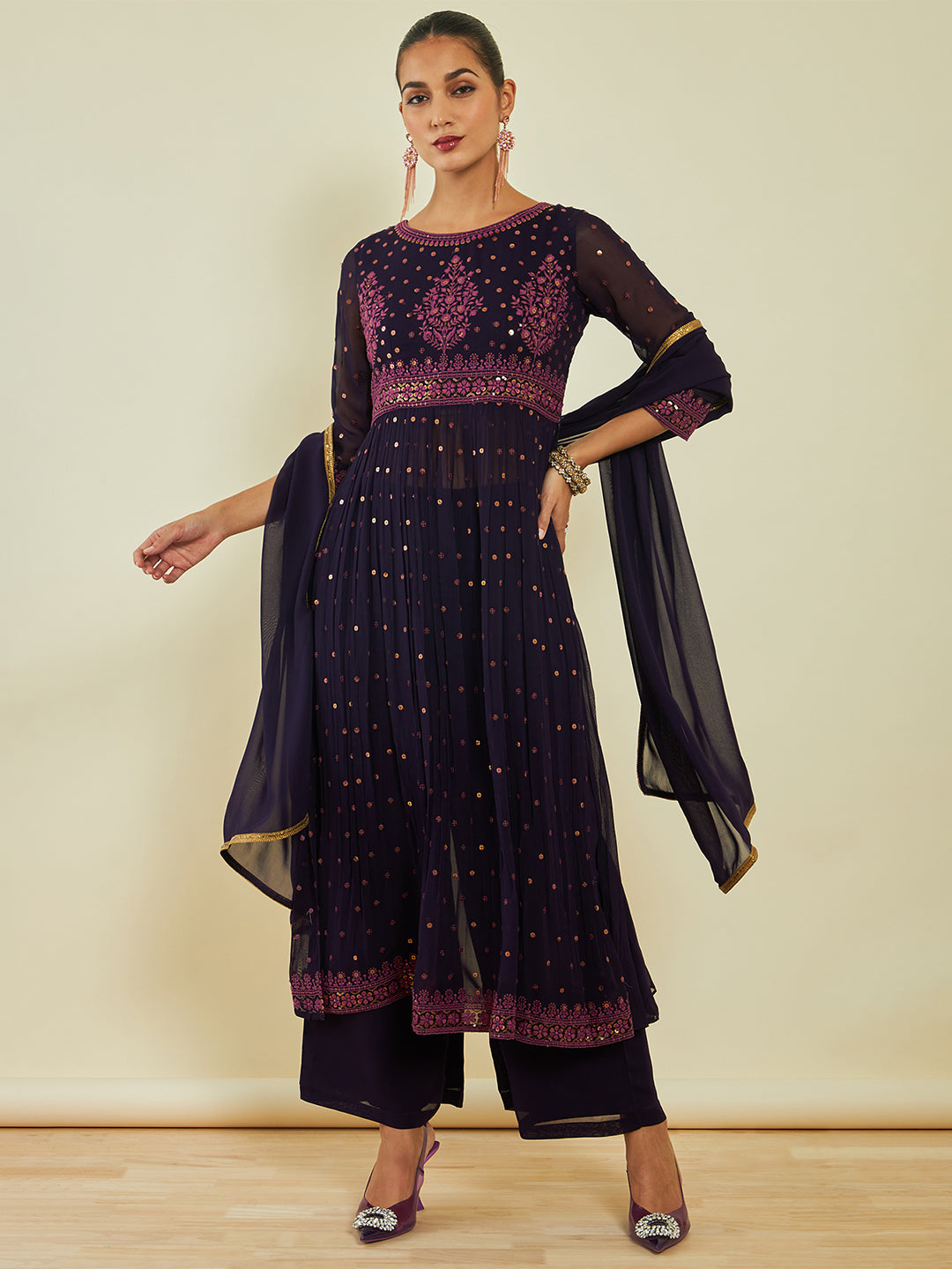 Soch Ethnic Motifs Embroidered Sequined Kurta with Palazzos & Dupatta - Distacart