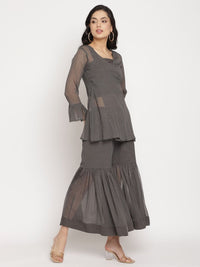 Thumbnail for Ahalyaa Women Charcoal Grey Poly Chiffon Angrakha Kurta with Inner & Sharara - Distacart