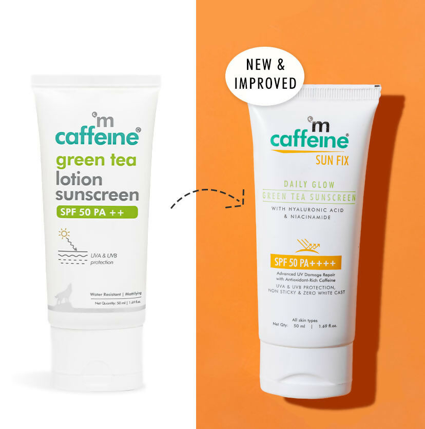 mCaffeine Sun Fix Daily Glow Green Tea Sunscreen SPF 50 PA++++ with Niacinamide, Lightweight & No White Cast