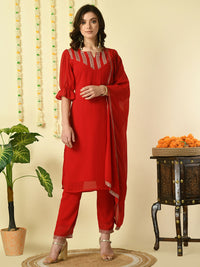 Thumbnail for Myshka Women's Red Georgette Kurta & Trousers With Dupatta Party Sets - Distacart