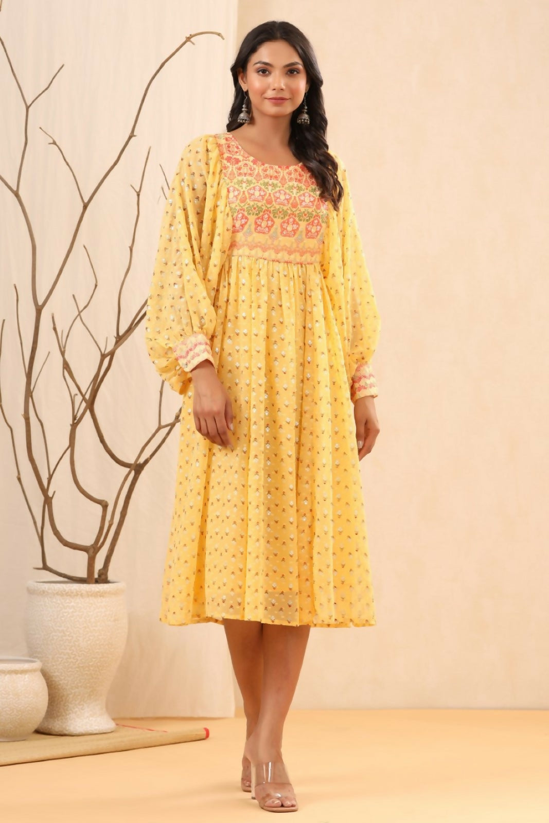 Juniper Yellow Ethnic Motif Printed Georgette Midi Dress With Sequins Work