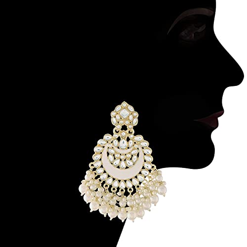 18K Gold Plated Intricately Designed Traditional Meenakari Chandbali Earrings Glided With Kundans & Pearls - Wahe Jewels