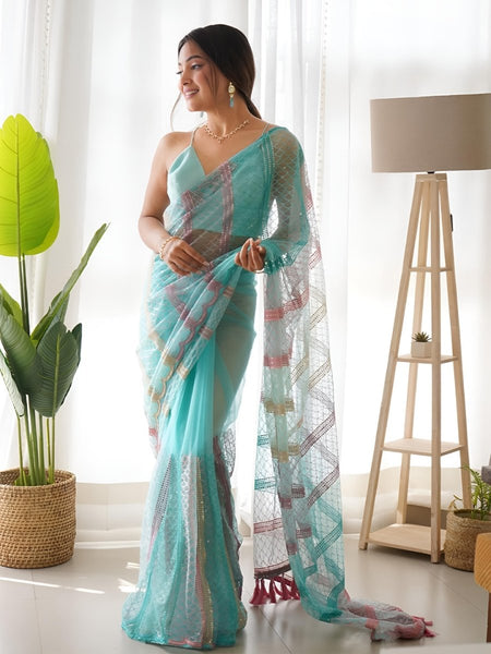 Anouk Striped Sequinned Net Saree - Distacart