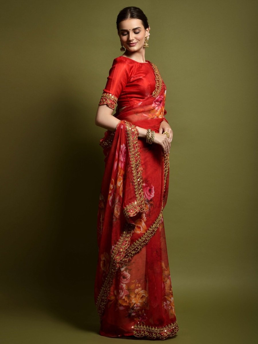 Anouk Red & Yellow Floral Printed & Embroidered Border Pure Georgette Saree - Distacart