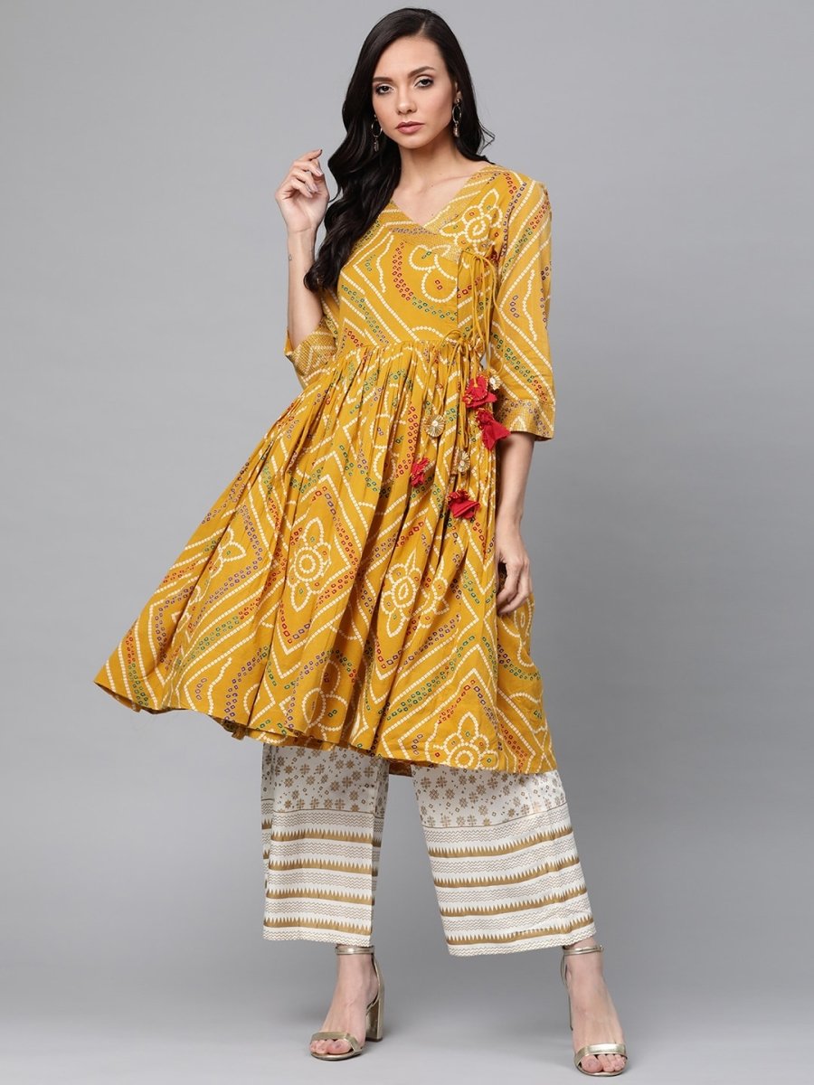 Anubhutee Women Mustard Yellow & Off-White Bandhani Print Kurta with Palazzos - Distacart