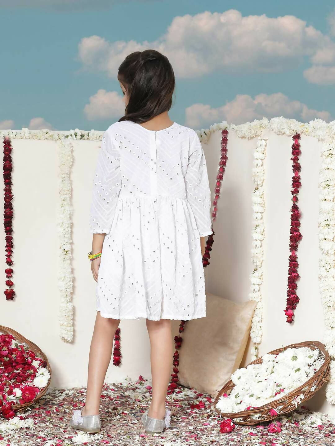 Vastramay Georgette Mirror Work Flare Anarkali Ethnic Dress For Girls - White - Distacart