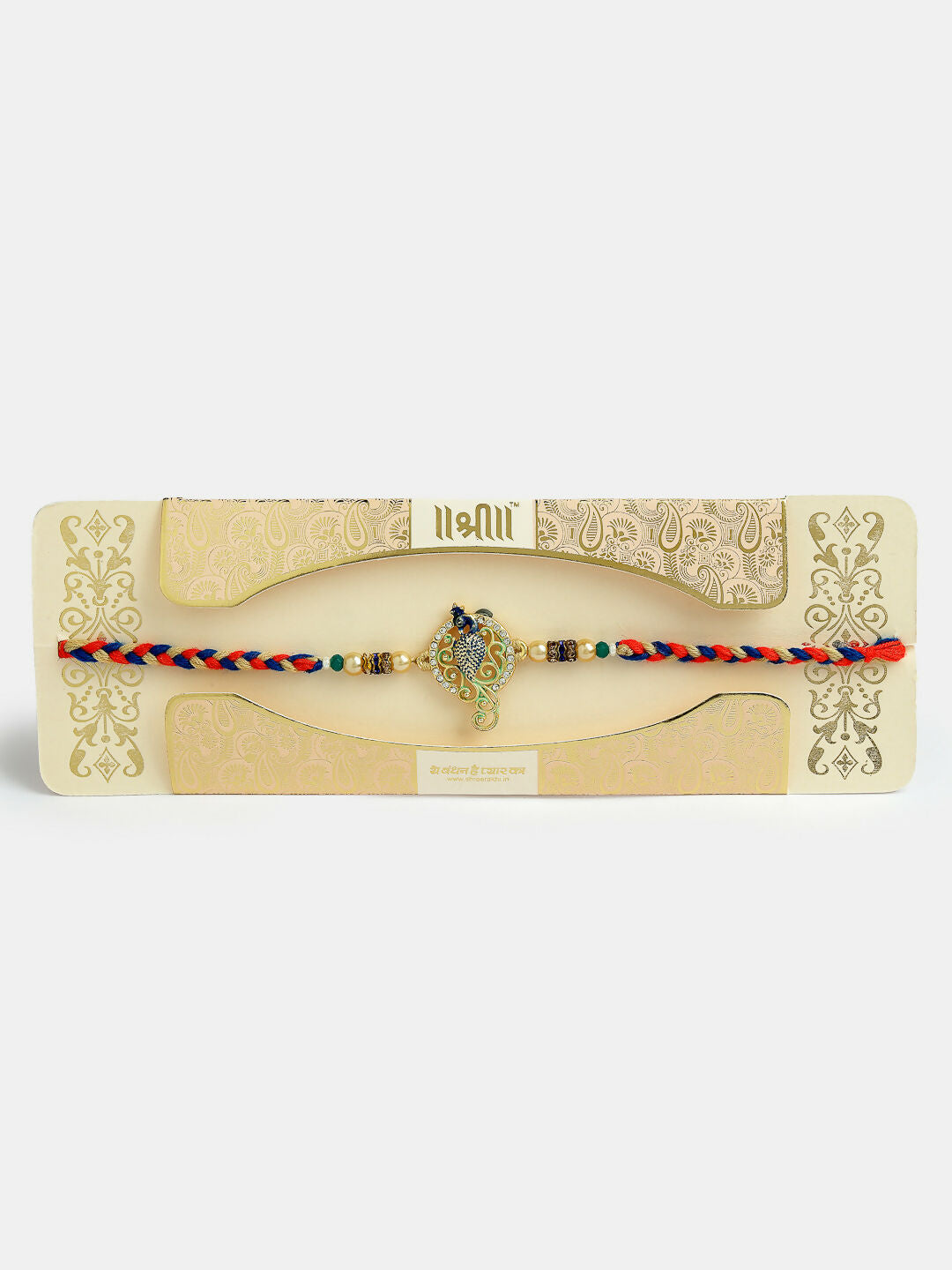 NVR Men Gold-Toned Peacock Design Stone-Studdded Rakhi With Roli Chawal & Chocolate