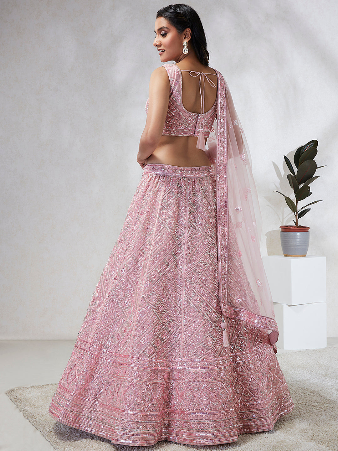 House of Panchhi Pink Net Cutdana, Sequins And Zarkan Embroidery Lehenga Choli & Dupatta - Distacart