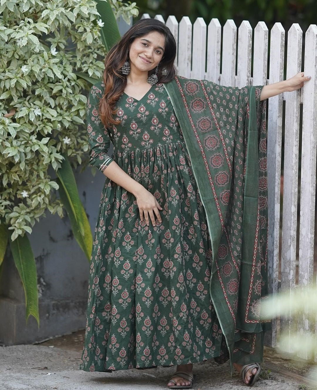 Indian Fashion Women Green Anarkali Kurta And Pant Set With Dupatta