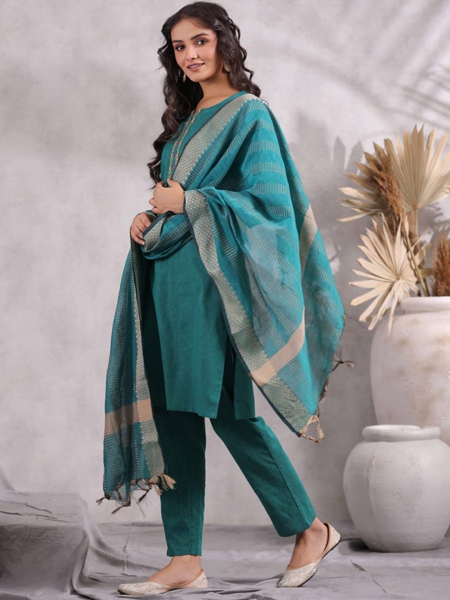 Anubhutee Ethnic Motifs Yoke Design Thread Work Pure Cotton Kurta with Trousers & Dupatta - Distacart