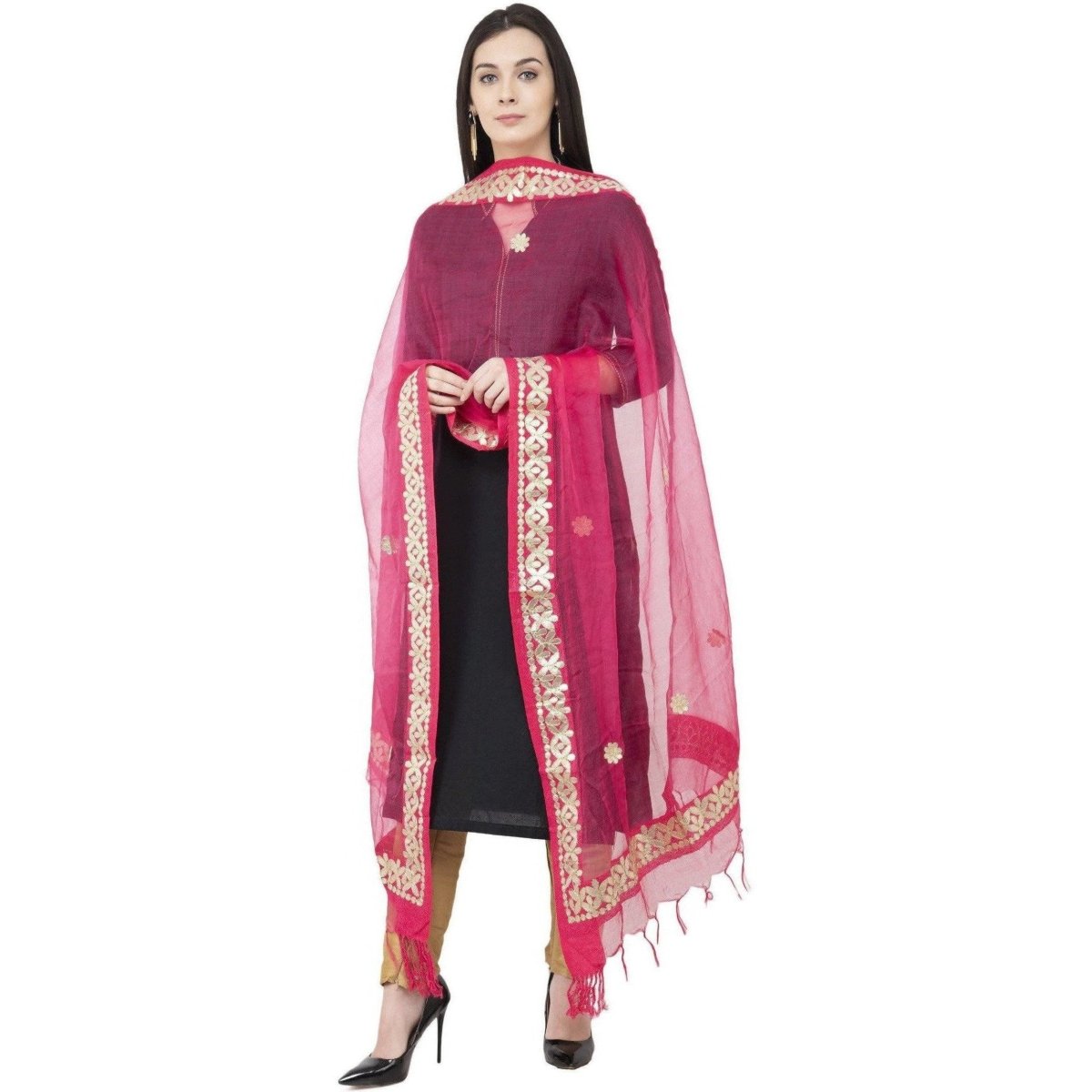 A R SILK Orgenza Gota patti Fancy Dupatta Gajari Color Dupatta or Chunni