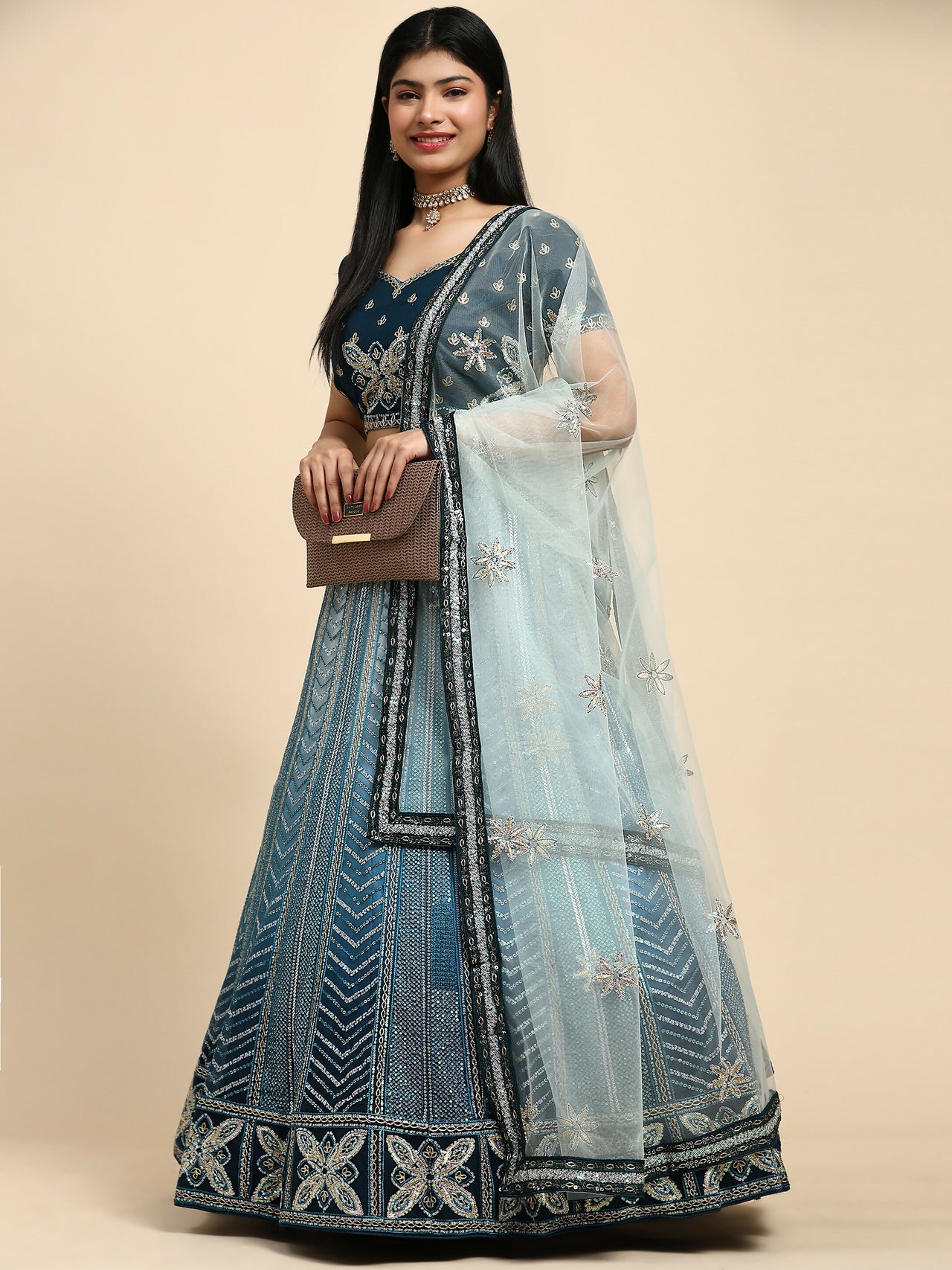 Blue Fancy Net Sequence Embroidered Lehenga Choli with Dupatta - Dhara - Distacart