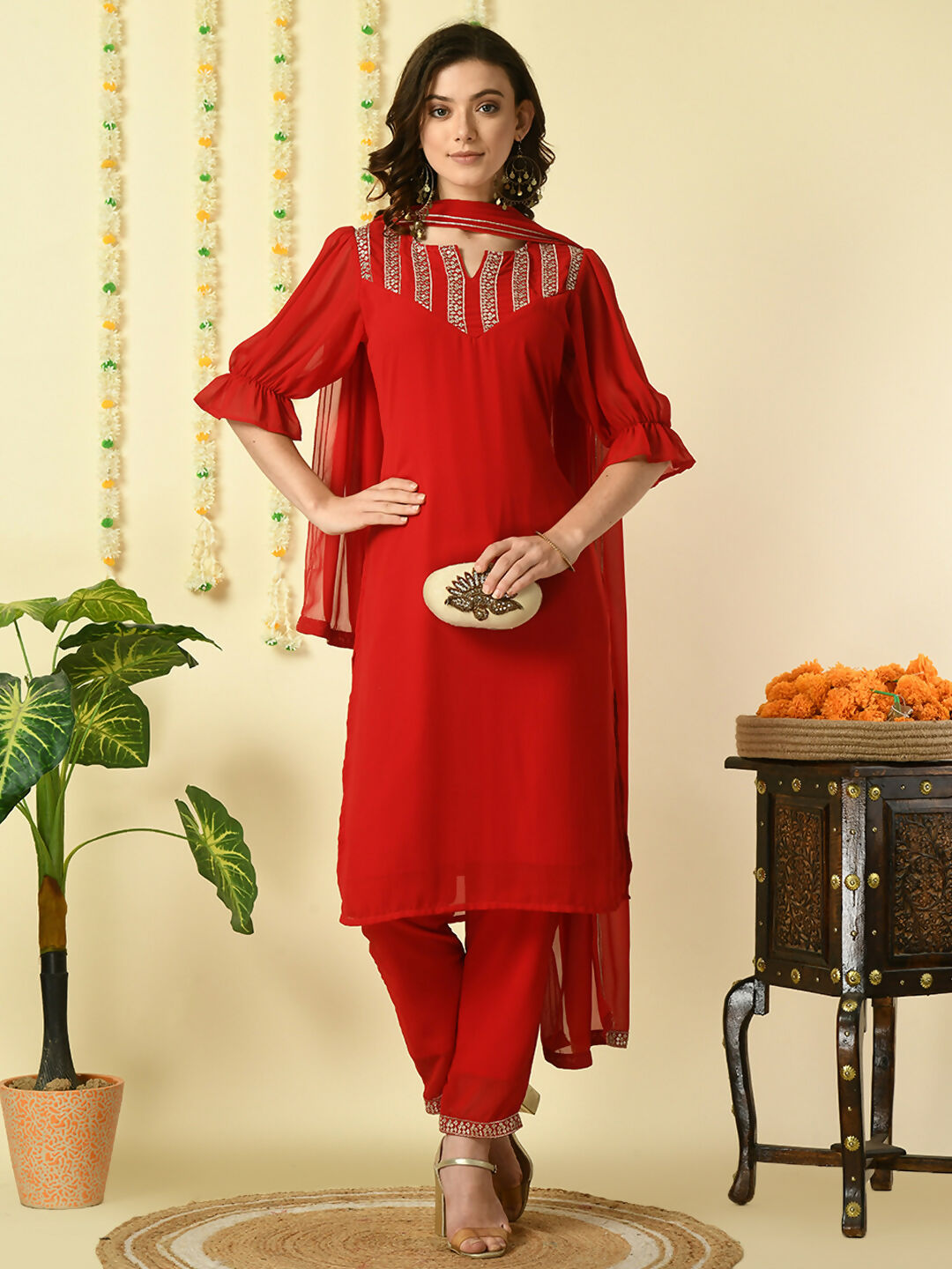 Myshka Women's Red Georgette Kurta & Trousers With Dupatta Party Sets - Distacart