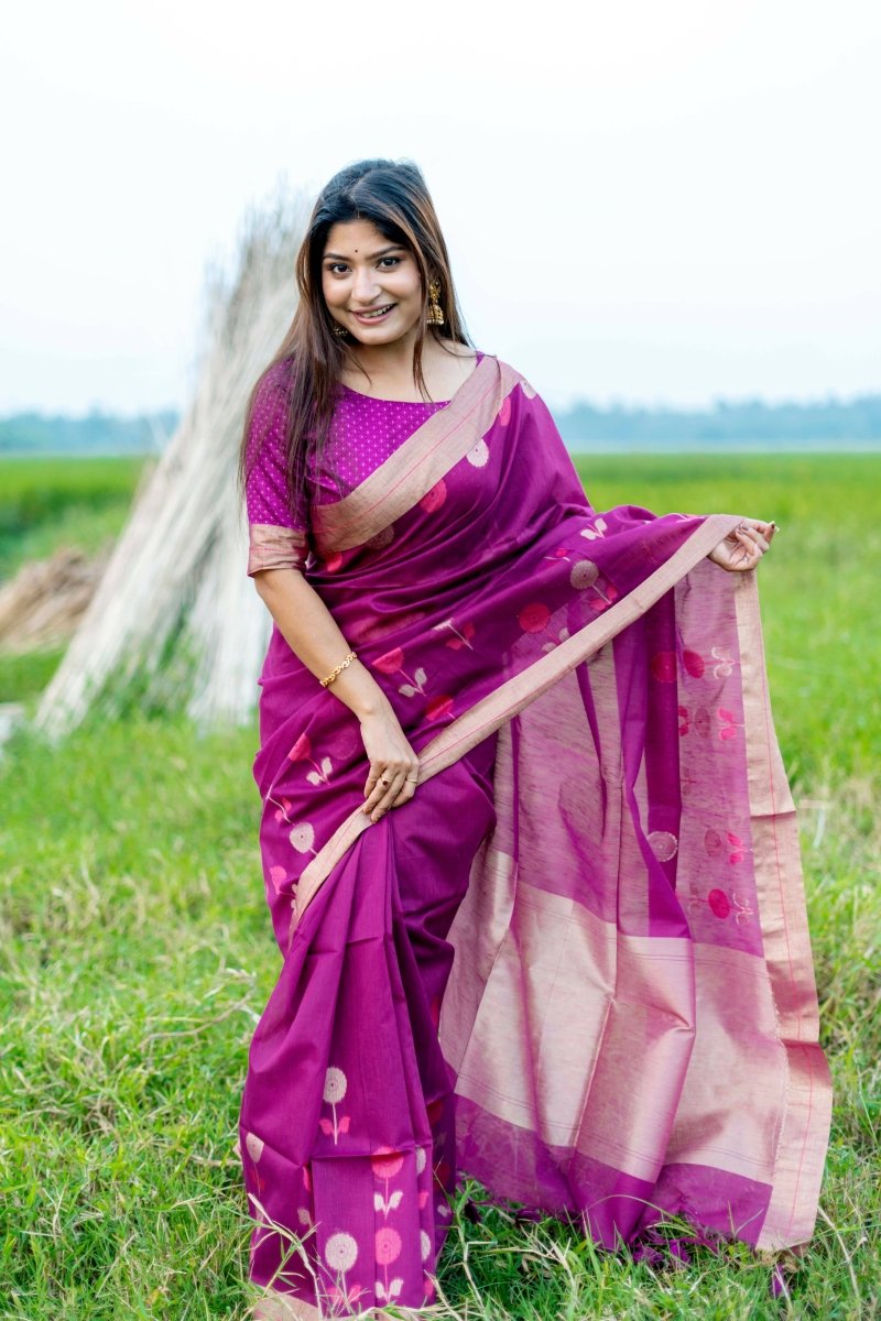 Aastha Fashion Magenta Woven Cotton Silk Saree with Blouse - Distacart