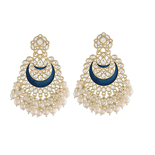 18K Gold Plated Intricately Designed Traditional Meenakari Chandbali Earrings Glided With Kundans & Pearls - Wahe Jewels