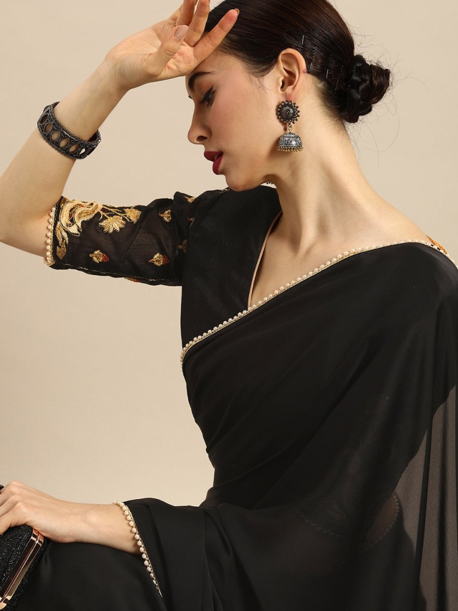 Anouk Black Solid Satin Pearl Border Saree - Distacart