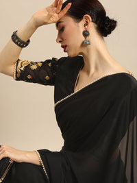 Thumbnail for Anouk Black Solid Satin Pearl Border Saree - Distacart