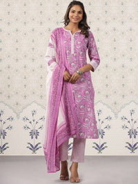 Thumbnail for Ode by House of Pataudi Printed Notched Neck Pure Cotton Kurta With Trousers & Dupatta