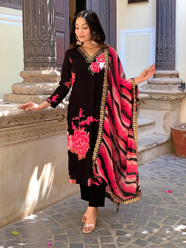 Malishka Women's Black Muslin Printed & Embroidey Kurta Set With Dupatta