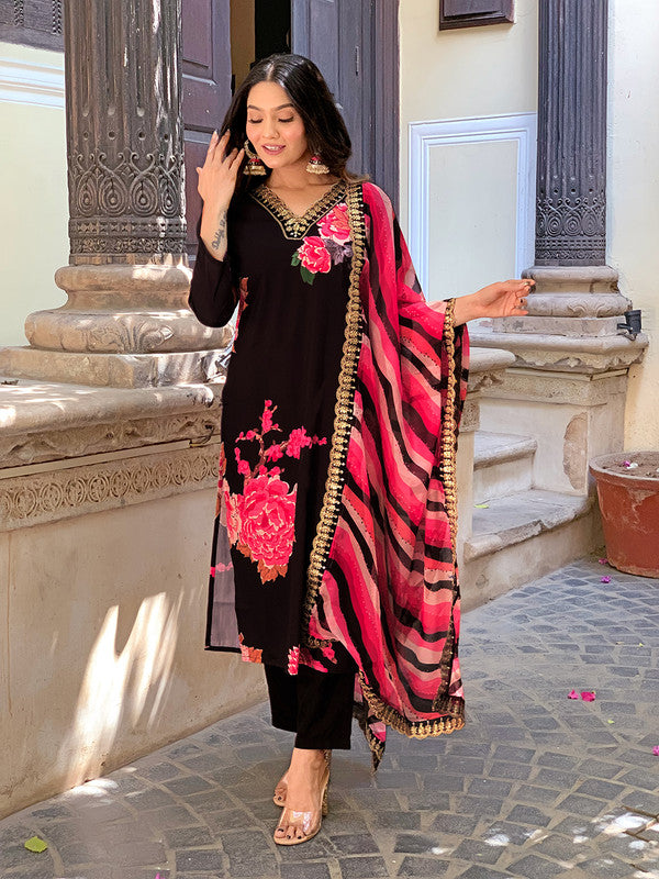 Malishka Women's Black Muslin Printed & Embroidey Kurta Set With Dupatta