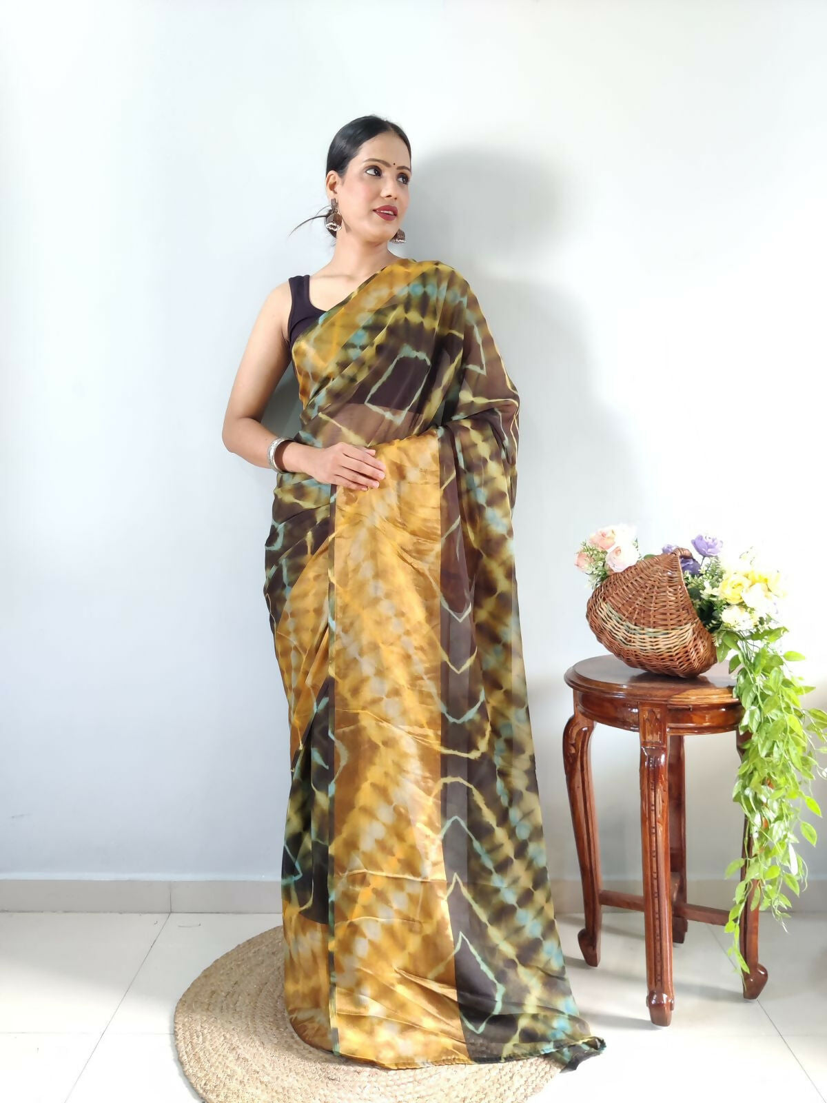 Malishka Chiffon Printed Ready To Wear Saree With Blouse Piece - Yellow Sky - Distacart