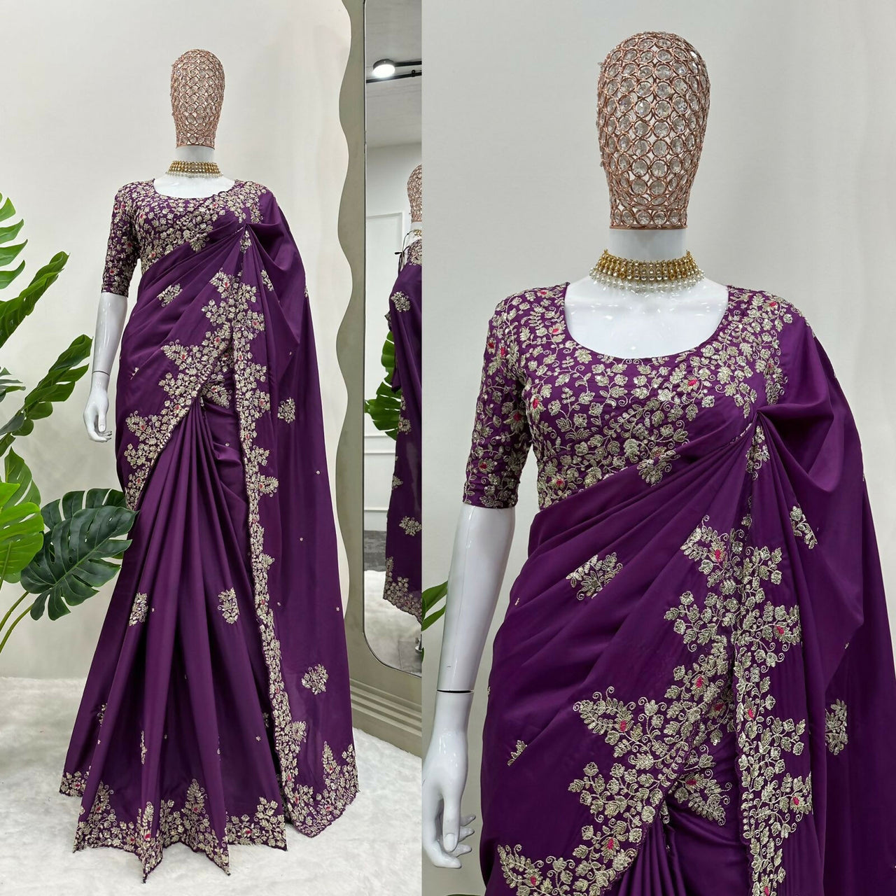 Preksha Creation Purple Women Designer Saree On Jimmy Chu Fabric With Thread & Sequence Work