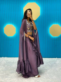 Thumbnail for Preksha Creation Fancy Western Style Rangoli Silk Heavy Work Ruffle Shrug, Tube Choli With Draped Skirt - Purple - Distacart