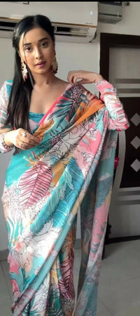 Thumbnail for Malishka Georgette Printed Ready To Wear Saree With Blouse Piece - Sky Blue - Distacart