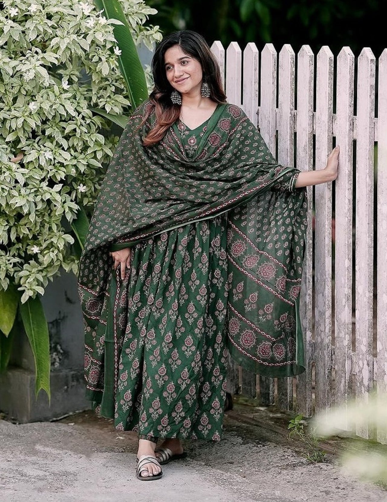 Indian Fashion Women Green Anarkali Kurta And Pant Set With Dupatta