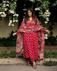 Thumbnail for Indian Fashion Women Viscose Printed Red Kurta And Pant Set With Dupatta