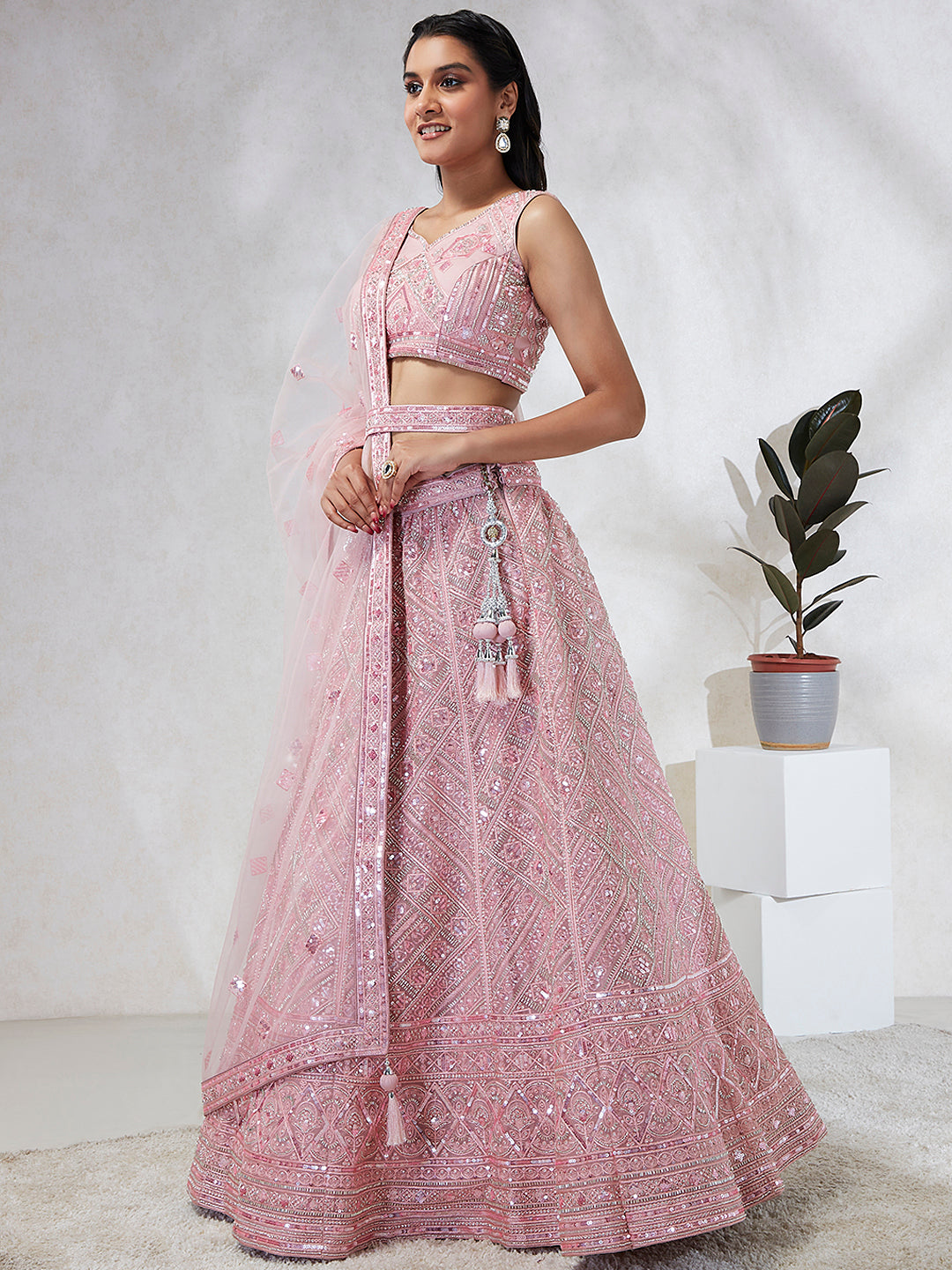 House of Panchhi Pink Net Cutdana, Sequins And Zarkan Embroidery Lehenga Choli & Dupatta - Distacart