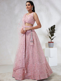 Thumbnail for House of Panchhi Pink Net Cutdana, Sequins And Zarkan Embroidery Lehenga Choli & Dupatta - Distacart