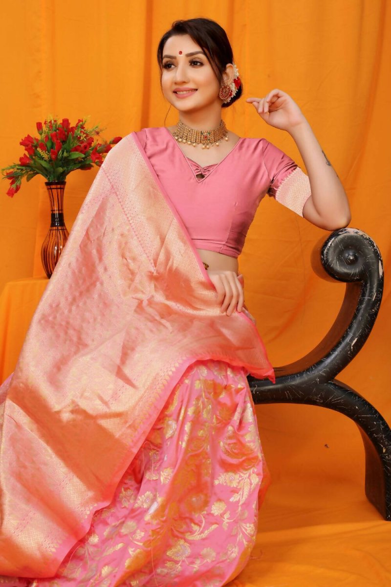 Aastha Fashion Baby Pink Woven Banarasi Silk Saree with Blouse - Distacart