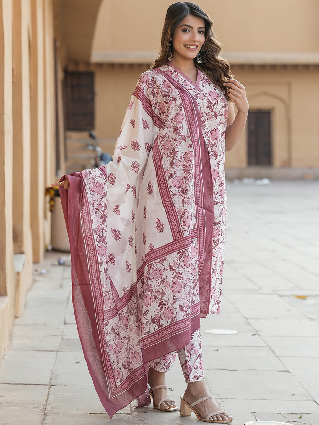 Buy Kalini Floral Printed Thread Work Pure Cotton Kurta With Trouser And Dupatta Online At Best 3536