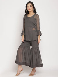 Thumbnail for Ahalyaa Women Charcoal Grey Poly Chiffon Angrakha Kurta with Inner & Sharara - Distacart