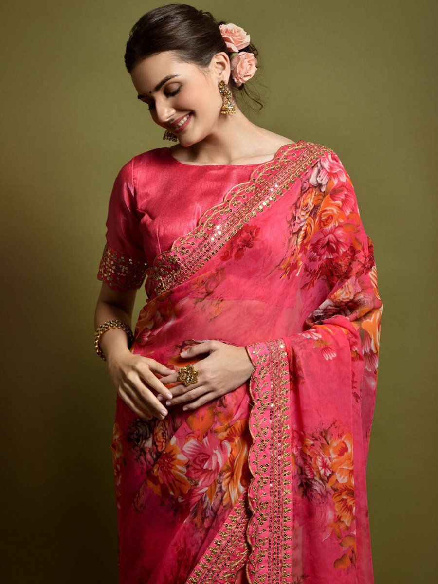 Anouk Pink & Yellow Floral Printed Embroidered Saree - Distacart